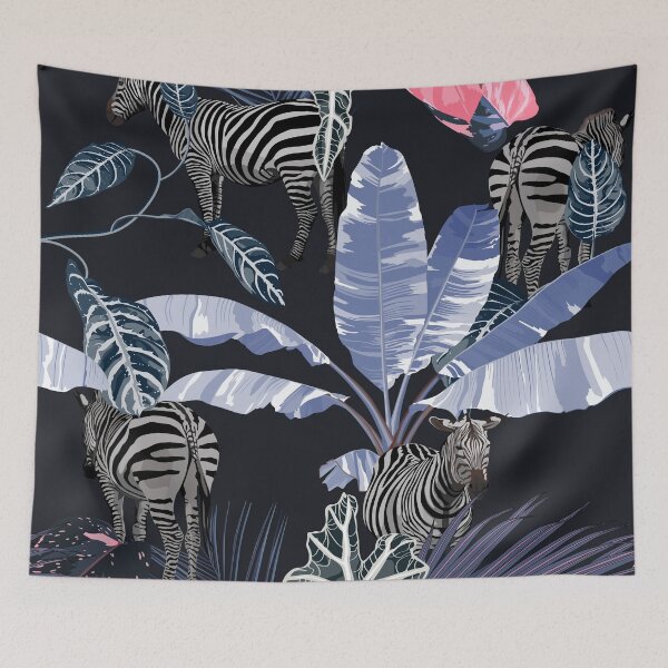 Item preview, Tropical floral abstract blue violet leaves and plants, zebra wildlife animal floral seamless pattern. designed and sold by MatyKotiv.