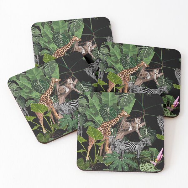 Item preview, Tropical wild animals, flamingo, zebra, giraffe, leopard jaguar Savannah cat sleeping on a tree and palm trees, banana tree. designed and sold by MatyKotiv.