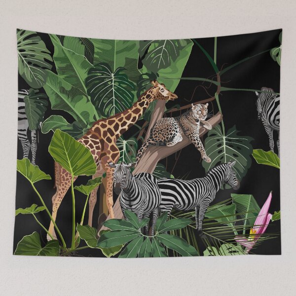 Item preview, Tropical wild animals, flamingo, zebra, giraffe, leopard jaguar Savannah cat sleeping on a tree and palm trees, banana tree. designed and sold by MatyKotiv.
