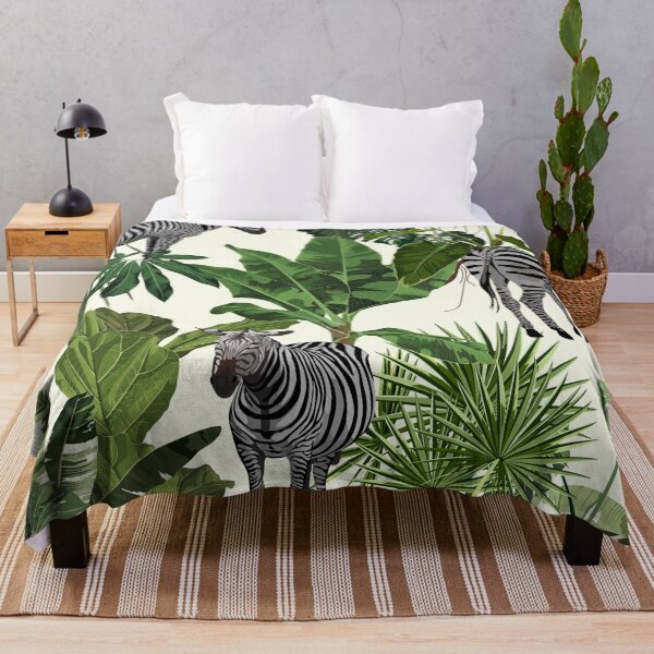 Item preview, Tropical floral leaves, palm banana tree, zebra wildlife animal floral seamless pattern. designed and sold by MatyKotiv.