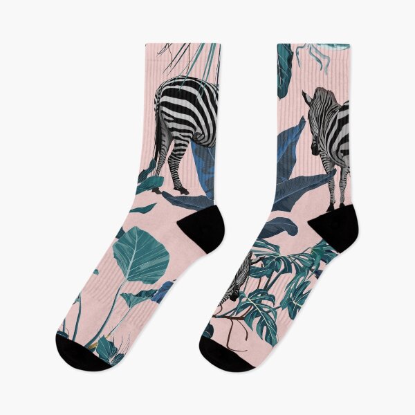Item preview, Tropical floral leaves, blue palm banana tree and exotic flowers, zebra wildlife animal floral seamless pattern. designed and sold by MatyKotiv.