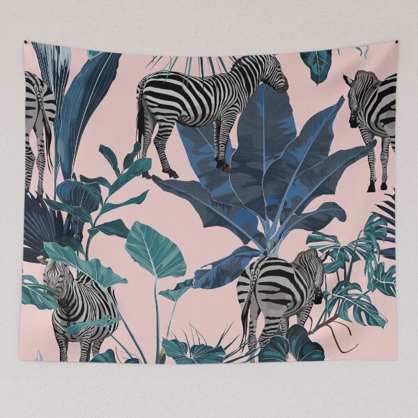 Item preview, Tropical floral leaves, blue palm banana tree and exotic flowers, zebra wildlife animal floral seamless pattern. designed and sold by MatyKotiv.