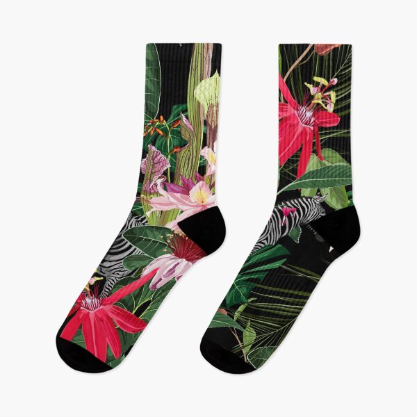 Item preview, Tropical floral leaves, palm banana tree and exotic flowers, zebra wildlife animal floral seamless pattern. designed and sold by MatyKotiv.