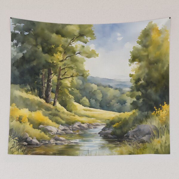 Item preview, Forest Stream in Summer Landscape Watercolor Painting | Watercolor Landscape | Watercolor Art | Watercolor Scenery designed and sold by UnhingedBird.