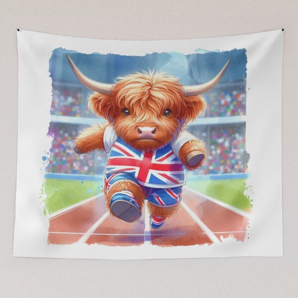 Item preview, Team GB Cute Highland Cow Athletic Event Olympics Colorful Watercolor designed and sold by MaedK.