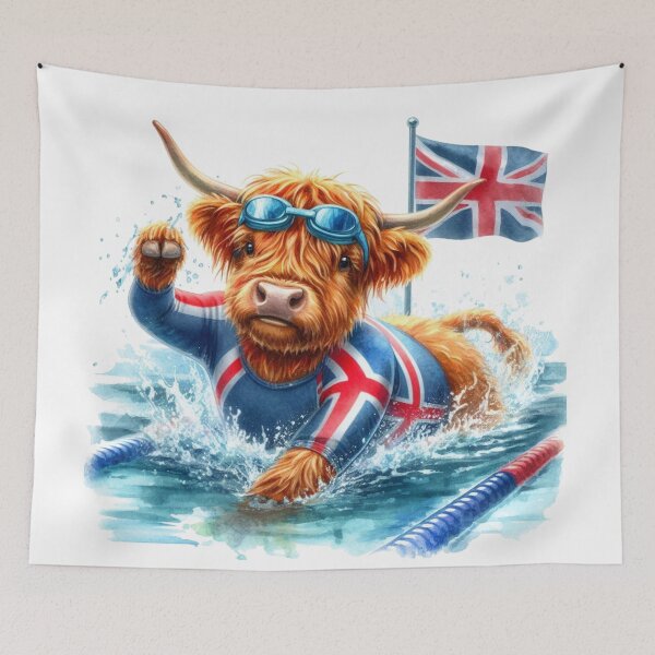 Item preview, Team GB Cute Highland Cow Swimming Event Olympics Colorful Watercolor designed and sold by MaedK.
