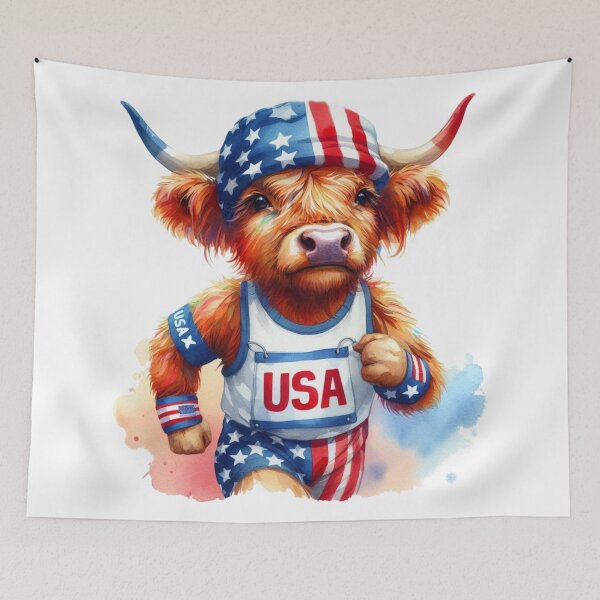 Artikelvorschau, Team USA süße Highland Kuh Longhorn sportliche Veranstaltung Olympiade bunte Aquarell entworfen und verkauft von MaedK.