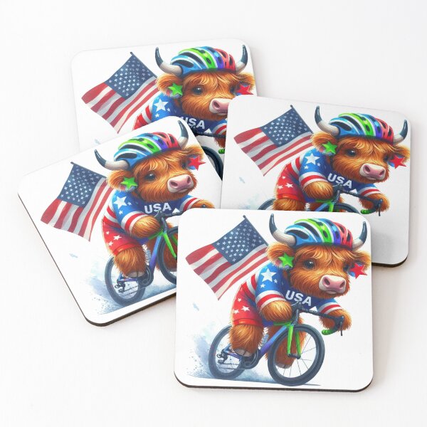 Artikelvorschau, Team USA süße Highland Kuh Longhorn Radfahren Event Olympiade bunte Aquarell entworfen und verkauft von MaedK.
