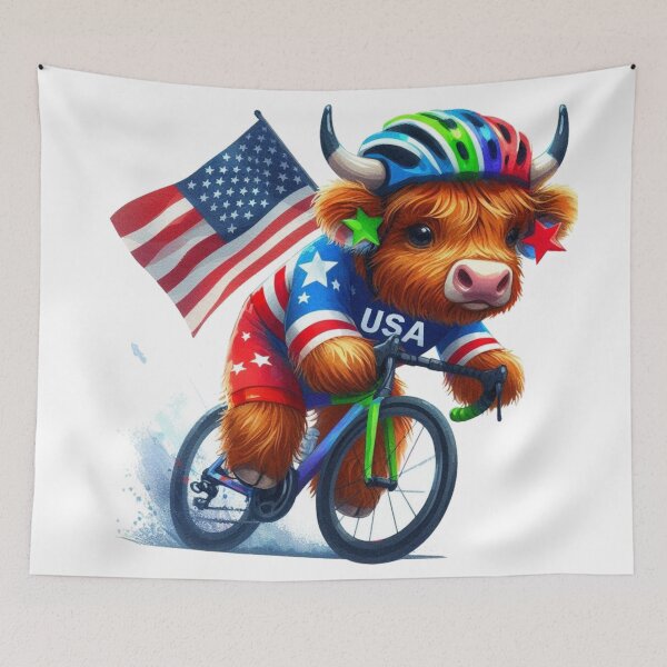 Artikelvorschau, Team USA süße Highland Kuh Longhorn Radfahren Event Olympiade bunte Aquarell entworfen und verkauft von MaedK.