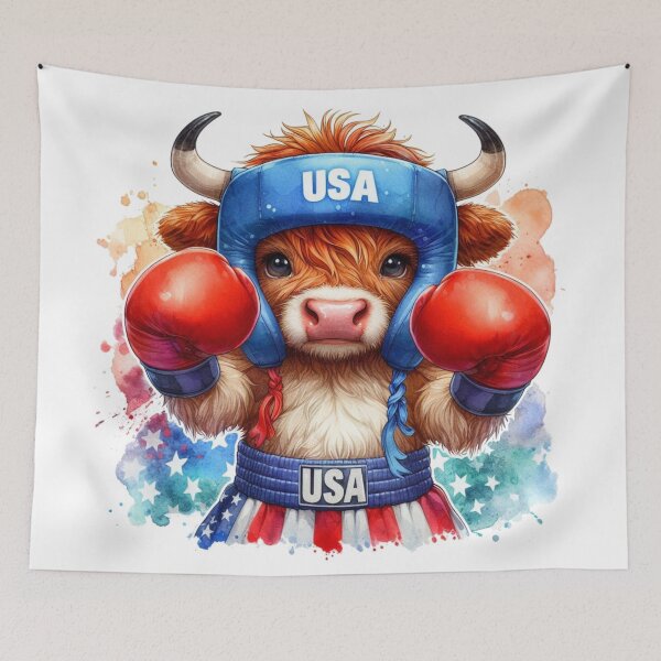 Artikelvorschau, Team USA Niedliche Highland Kuh Longhorn Boxen Event Olympia Bunte Aquarell entworfen und verkauft von MaedK.