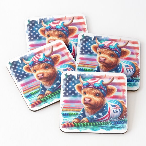 Artikelvorschau, Team USA süße Highland Kuh Longhorn Schwimmveranstaltung Olympiade bunte Aquarell entworfen und verkauft von MaedK.
