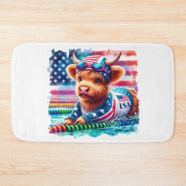 Artikelvorschau, Team USA süße Highland Kuh Longhorn Schwimmveranstaltung Olympiade bunte Aquarell entworfen und verkauft von MaedK.