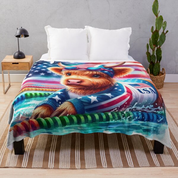 Item preview, Team USA Cute Highland Cow Longhorn Swimming Event Olympics Colorful Watercolor designed and sold by MaedK.