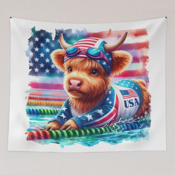 Artikelvorschau, Team USA süße Highland Kuh Longhorn Schwimmveranstaltung Olympiade bunte Aquarell entworfen und verkauft von MaedK.