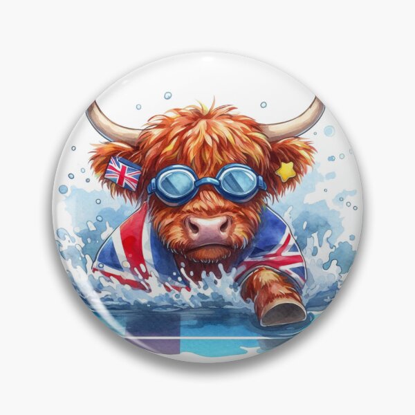 Item preview, Team GB Cute Highland Cow Swimming Event Olympics Colorful Watercolor designed and sold by MaedK.