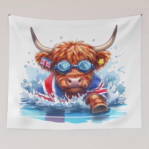 Item preview, Team GB Cute Highland Cow Swimming Event Olympics Colorful Watercolor designed and sold by MaedK.
