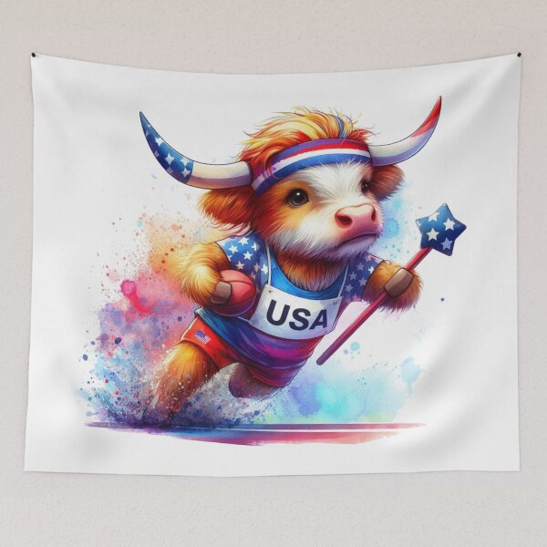Artikelvorschau, Team USA süße Highland Kuh Longhorn sportliche Veranstaltung Olympiade bunte Aquarell entworfen und verkauft von MaedK.