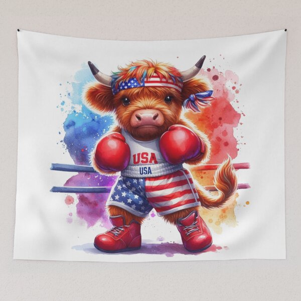 Artikelvorschau, Team USA Niedliche Highland Kuh Longhorn Boxen Event Olympia Bunte Aquarell entworfen und verkauft von MaedK.