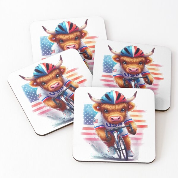 Artikelvorschau, Team USA süße Highland Kuh Longhorn Radfahren Event Olympiade bunte Aquarell entworfen und verkauft von MaedK.