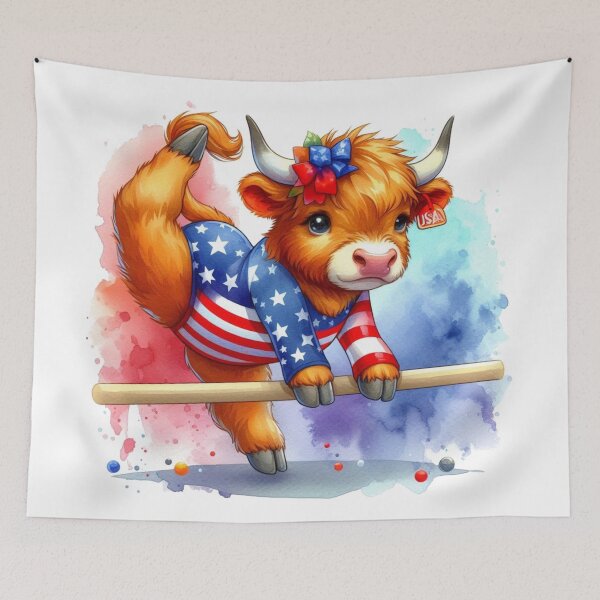 Artikelvorschau, Team USA Niedliche Highland Kuh Longhorn Gymnastik Veranstaltung Olympia Bunte Aquarell entworfen und verkauft von MaedK.