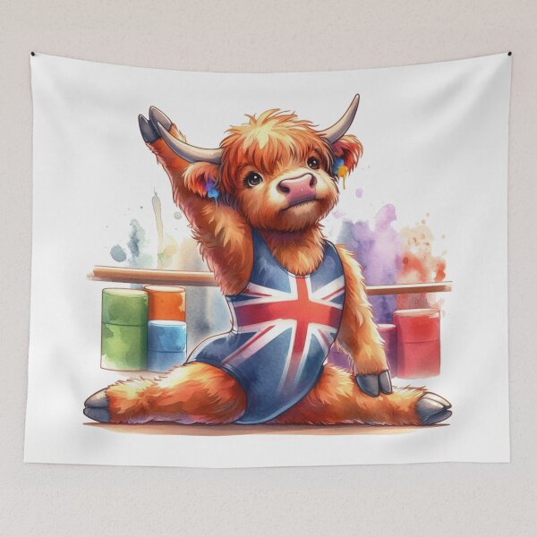 Item preview, Team GB Cute Highland Cow Gymnastics Event Olympics Colorful Watercolor designed and sold by MaedK.