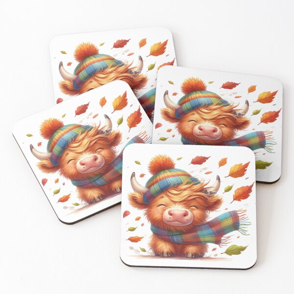 Item preview, Cute Scottish Highland Cow Windy Fall Season Autumn Leaves Colorful Watercolor designed and sold by MaedK.