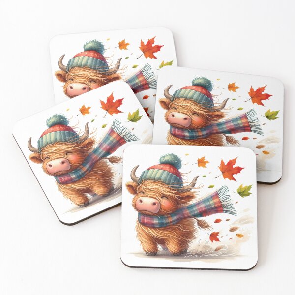 Item preview, Cute Scottish Highland Cow Windy Fall Season Autumn Leaves Colorful Watercolor designed and sold by MaedK.