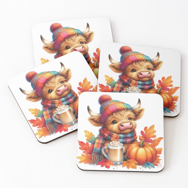 Item preview, Cute Scottish Highland Cow Fall Season Autumn Leaves Pumpkin Spice Latte Colorful Watercolor designed and sold by MaedK.