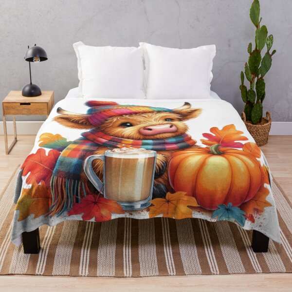 Item preview, Cute Scottish Highland Cow Fall Season Autumn Leaves Pumpkin Spice Latte Colorful Watercolor designed and sold by MaedK.