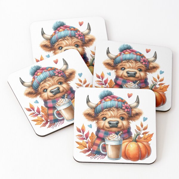 Item preview, Cute Scottish Highland Cow Fall Season Autumn Leaves Pumpkin Spice Latte Colorful Watercolor designed and sold by MaedK.
