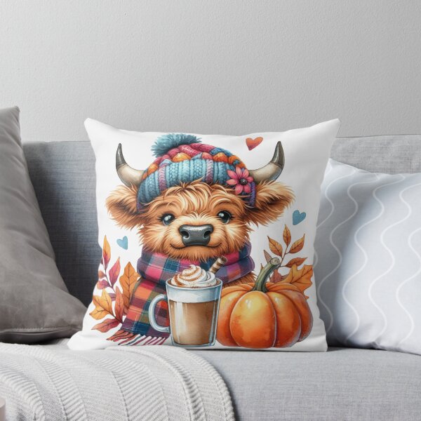Item preview, Cute Scottish Highland Cow Fall Season Autumn Leaves Pumpkin Spice Latte Colorful Watercolor designed and sold by MaedK.