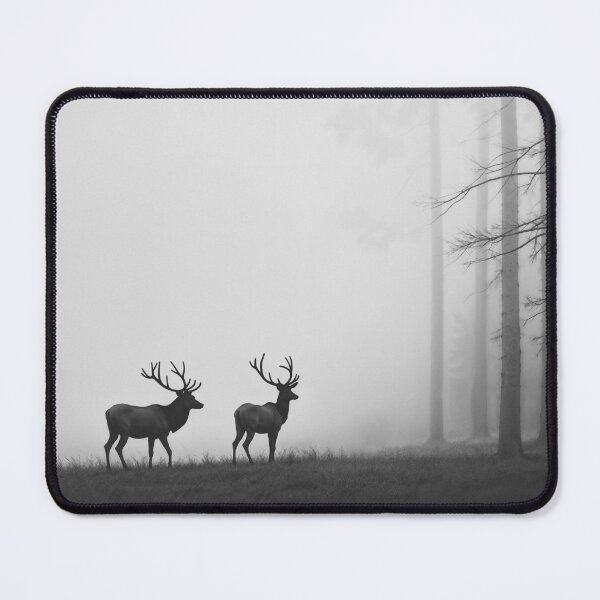 Item preview, Black and white photo of two deer in the woods during a foggy day designed and sold by Poster Territory.