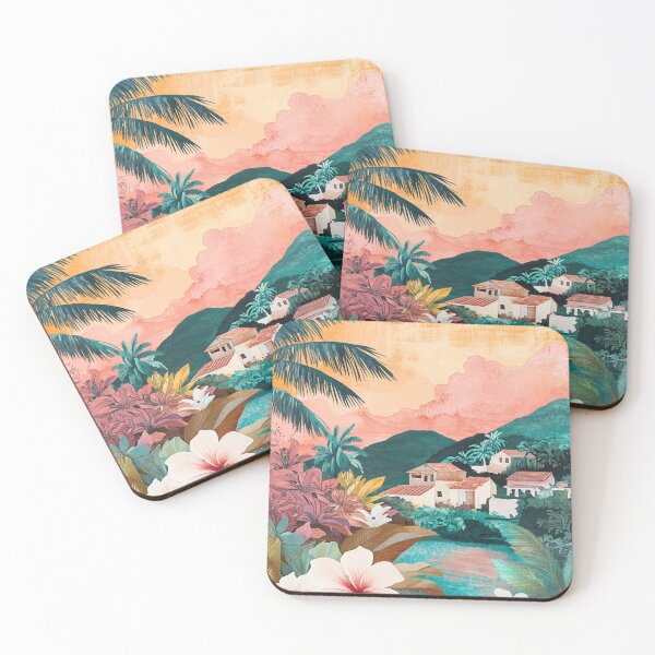 Item preview, Tropical Village at Sunset with Exotic Flowers designed and sold by NathalieTecher.