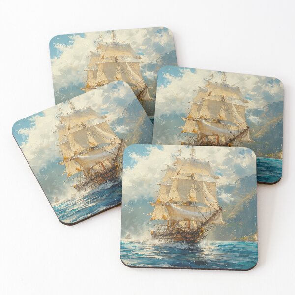 Item preview, Tall old ship sailing in ocean at sunrise - Acrylic landscape painting designed and sold by TheArtistOf2022.