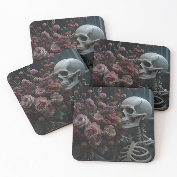 Item preview, Dark aesthetic vintage skeleton, gothic floral arrangement, spooky yet artistic, moody ambiance designed and sold by Ceylune.