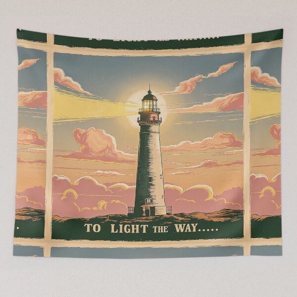 Item preview, Vintage Lighthouse at Sunset - Guiding Light Illustration designed and sold by Loving Nature Gifts.