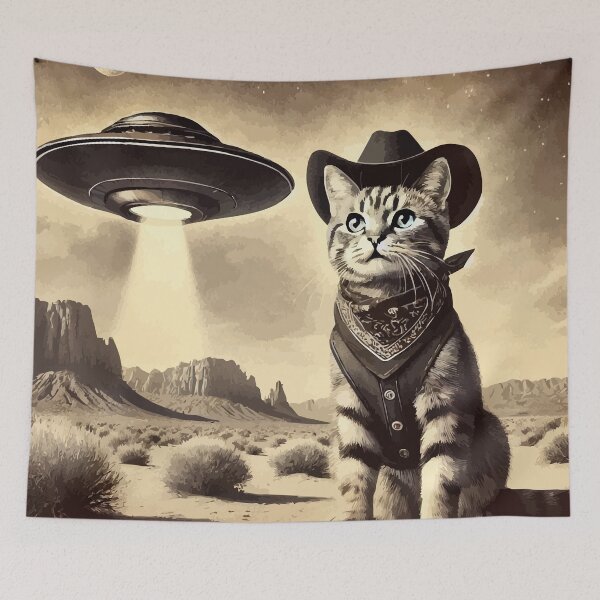Item preview, Western Cat selfie with UFO Desert designed and sold by TomFrontierArt.