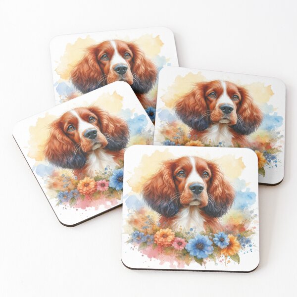 Item preview, Colorful Cute Welsh Springer Spaniel in Flowers Watercolor Portrait designed and sold by MaedK.