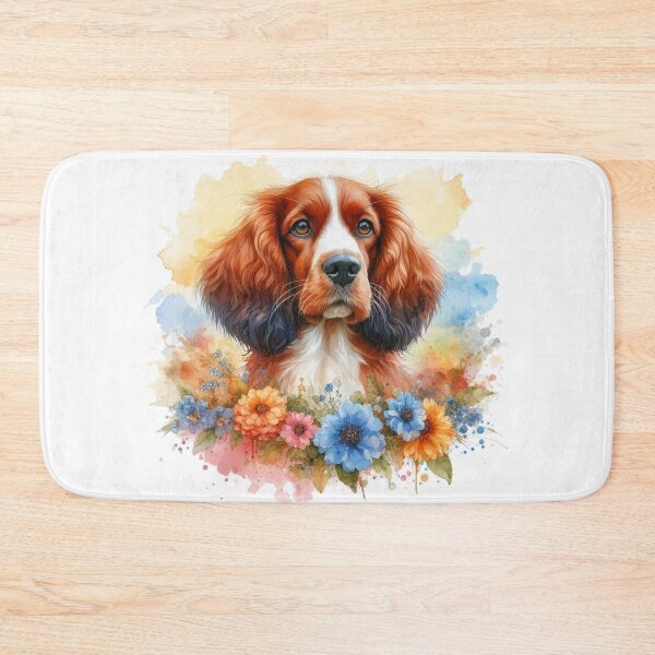 Item preview, Colorful Cute Welsh Springer Spaniel in Flowers Watercolor Portrait designed and sold by MaedK.
