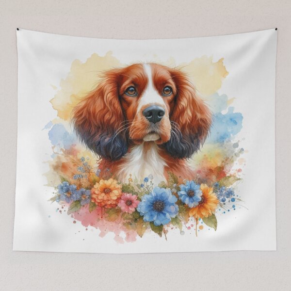 Item preview, Colorful Cute Welsh Springer Spaniel in Flowers Watercolor Portrait designed and sold by MaedK.