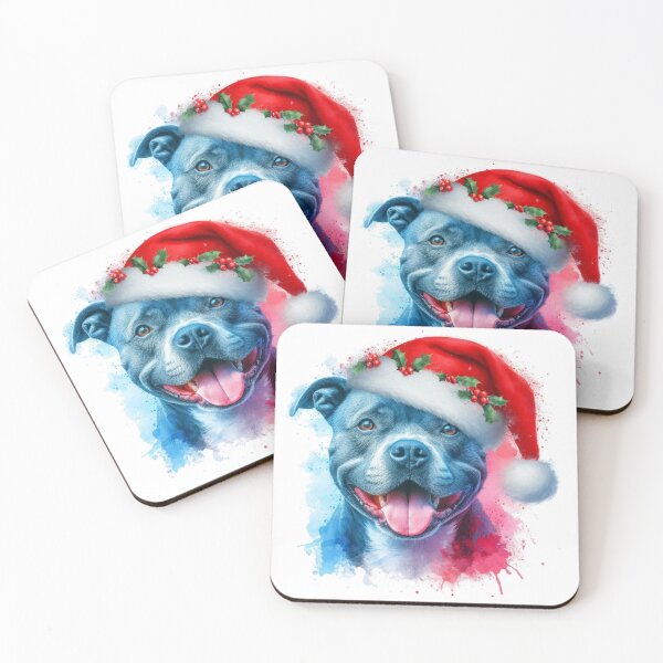 Item preview, Blue Staffy Wearing a Santa Hat at Christmas Colorful Watercolor designed and sold by MaedK.