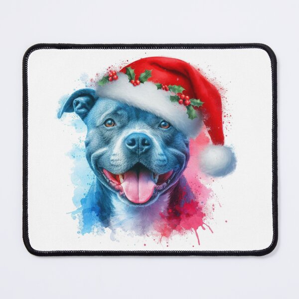 Item preview, Blue Staffy Wearing a Santa Hat at Christmas Colorful Watercolor designed and sold by MaedK.
