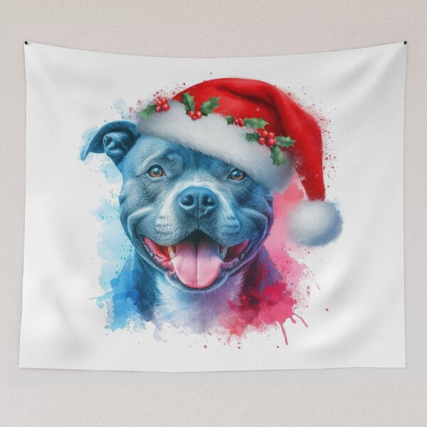 Item preview, Blue Staffy Wearing a Santa Hat at Christmas Colorful Watercolor designed and sold by MaedK.