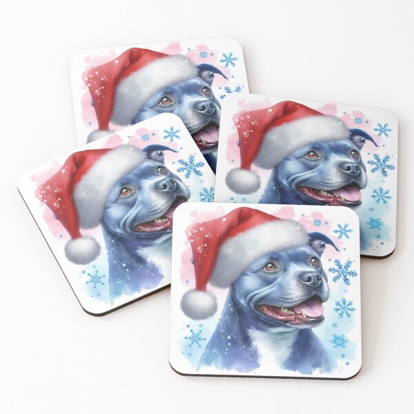Item preview, Blue Staffy Wearing a Santa Hat at Christmas Colorful Watercolor designed and sold by MaedK.