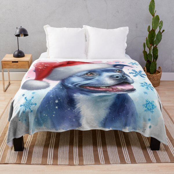 Item preview, Blue Staffy Wearing a Santa Hat at Christmas Colorful Watercolor designed and sold by MaedK.