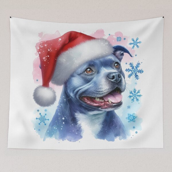 Item preview, Blue Staffy Wearing a Santa Hat at Christmas Colorful Watercolor designed and sold by MaedK.