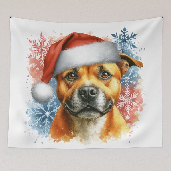Item preview, Golden Staffy Wearing a Santa Hat at Christmas Colorful Watercolor designed and sold by MaedK.