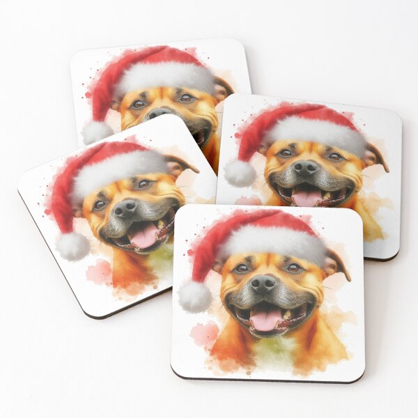 Item preview, Golden Staffy Wearing a Santa Hat at Christmas Colorful Watercolor designed and sold by MaedK.