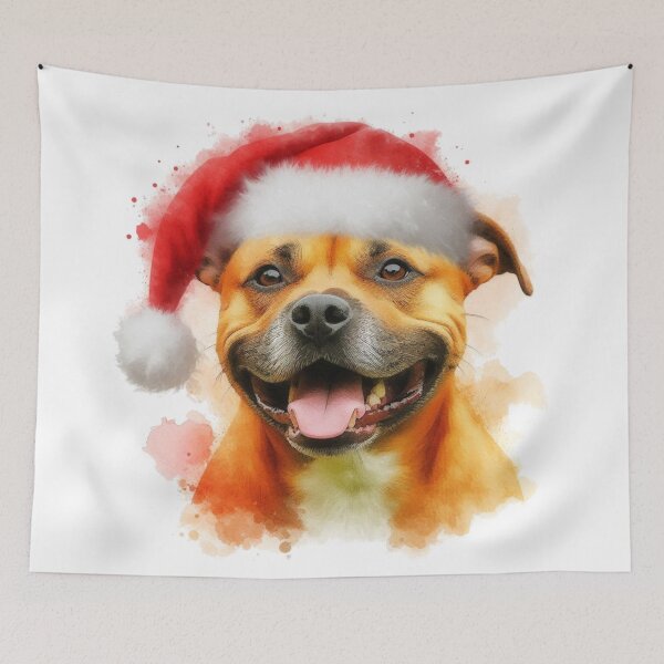 Item preview, Golden Staffy Wearing a Santa Hat at Christmas Colorful Watercolor designed and sold by MaedK.