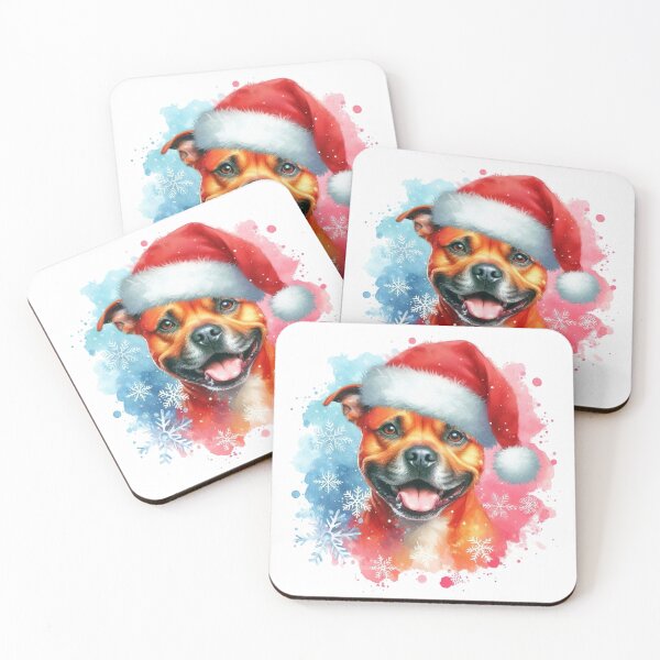 Item preview, Red Staffy Wearing a Santa Hat at Christmas Colorful Watercolor designed and sold by MaedK.